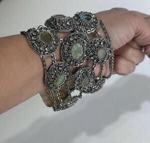 Vintage Handmade Turquoise Statement Bracelet Silver Tone Boho Artisan Jewelry